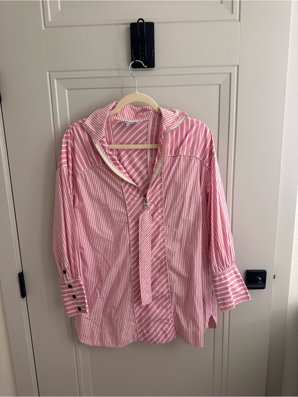 Ganni Pink and White Striped Hooded Popover Shirt